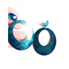 Blue Teal Oval Earrings with Pattern, 